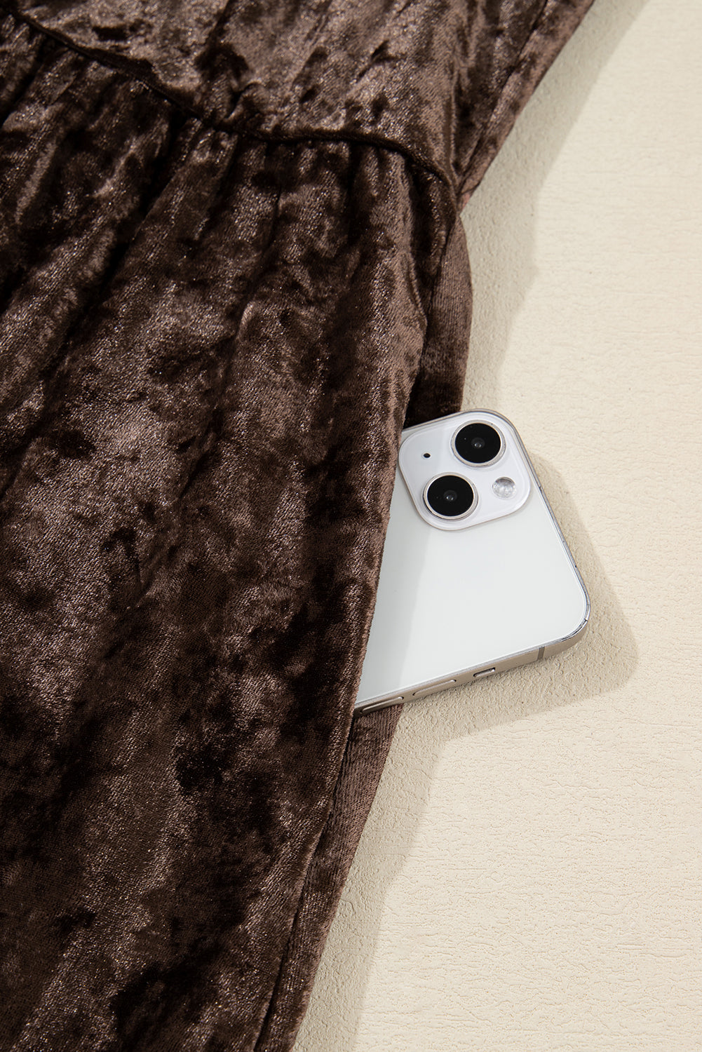 Coffee Plus Size Velvet Dress with Puff Sleeve