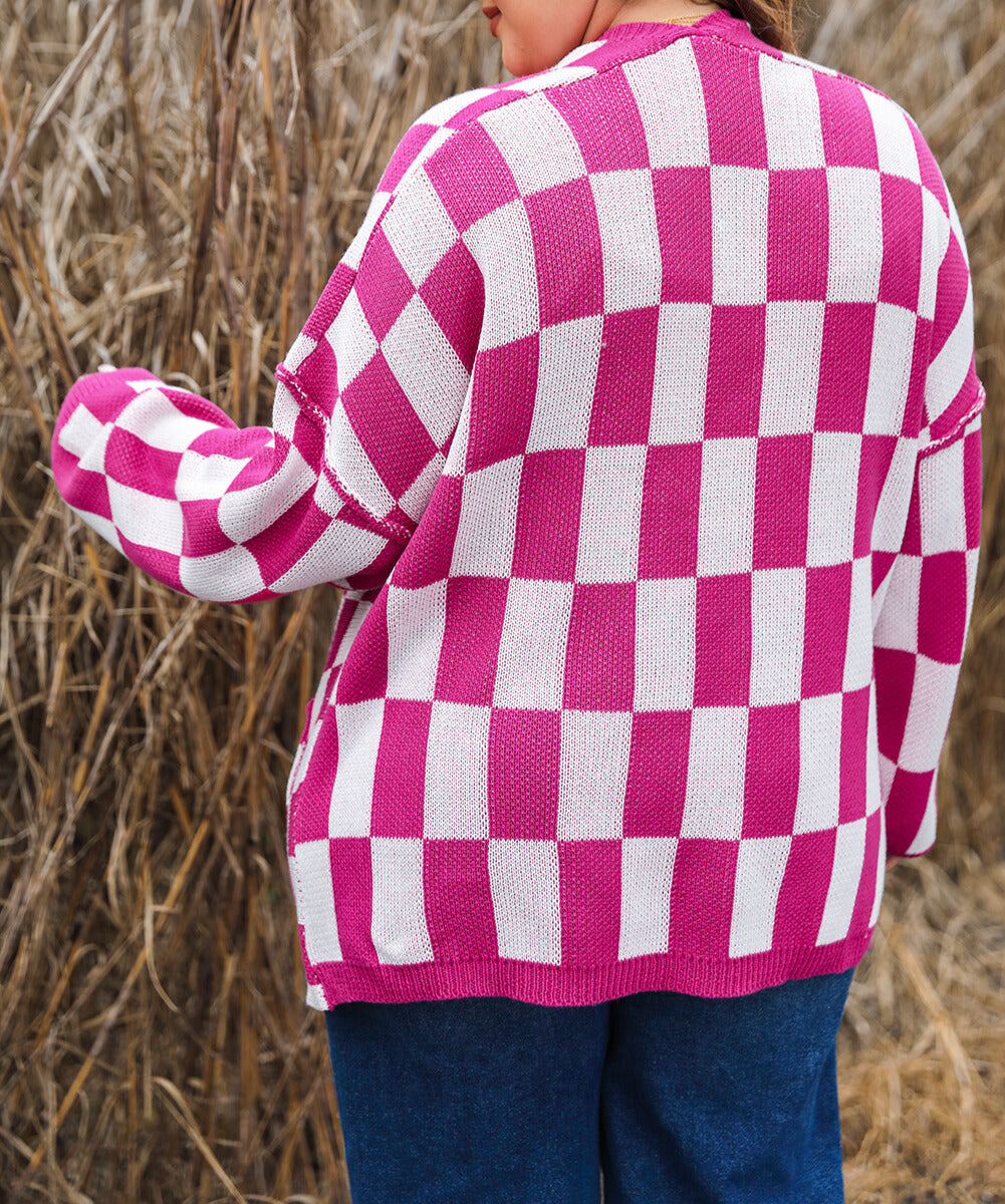 Pink Checkered Knit Cardigan