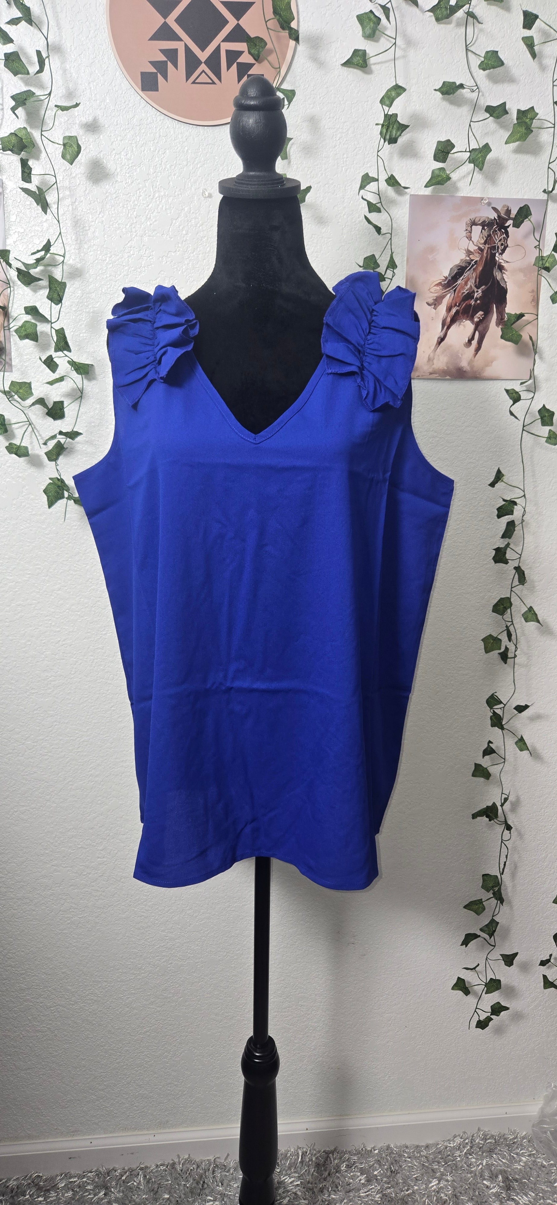 Woven Wool Dobby Ruffle Trim Sleeveless Top