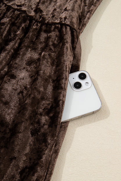 Coffee Plus Size Velvet Dress with Puff Sleeve