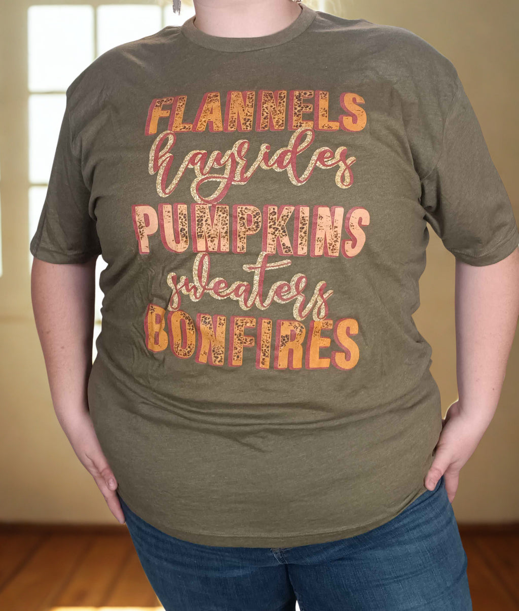 🍂 Flannels, Hayrides, Pumpkins, Sweaters & Bonfires Tee 🍂