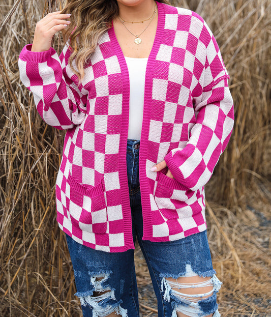 Pink Checkered Knit Cardigan