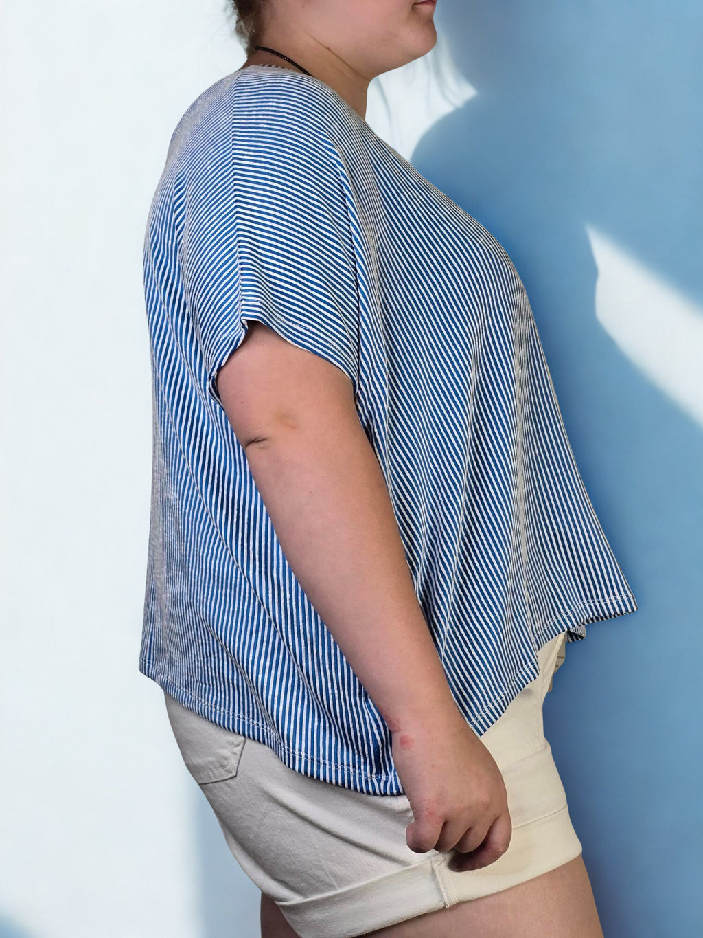 Ribbed striped oversized short sleeve top