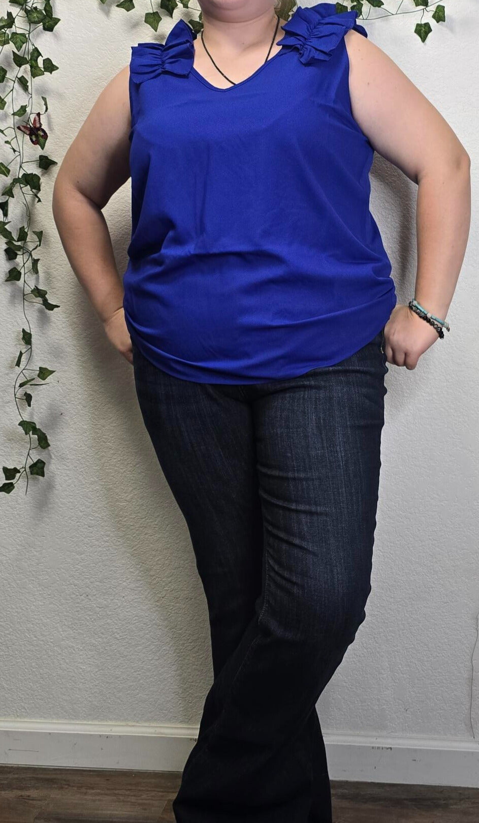 Woven Wool Dobby Ruffle Trim Sleeveless Top